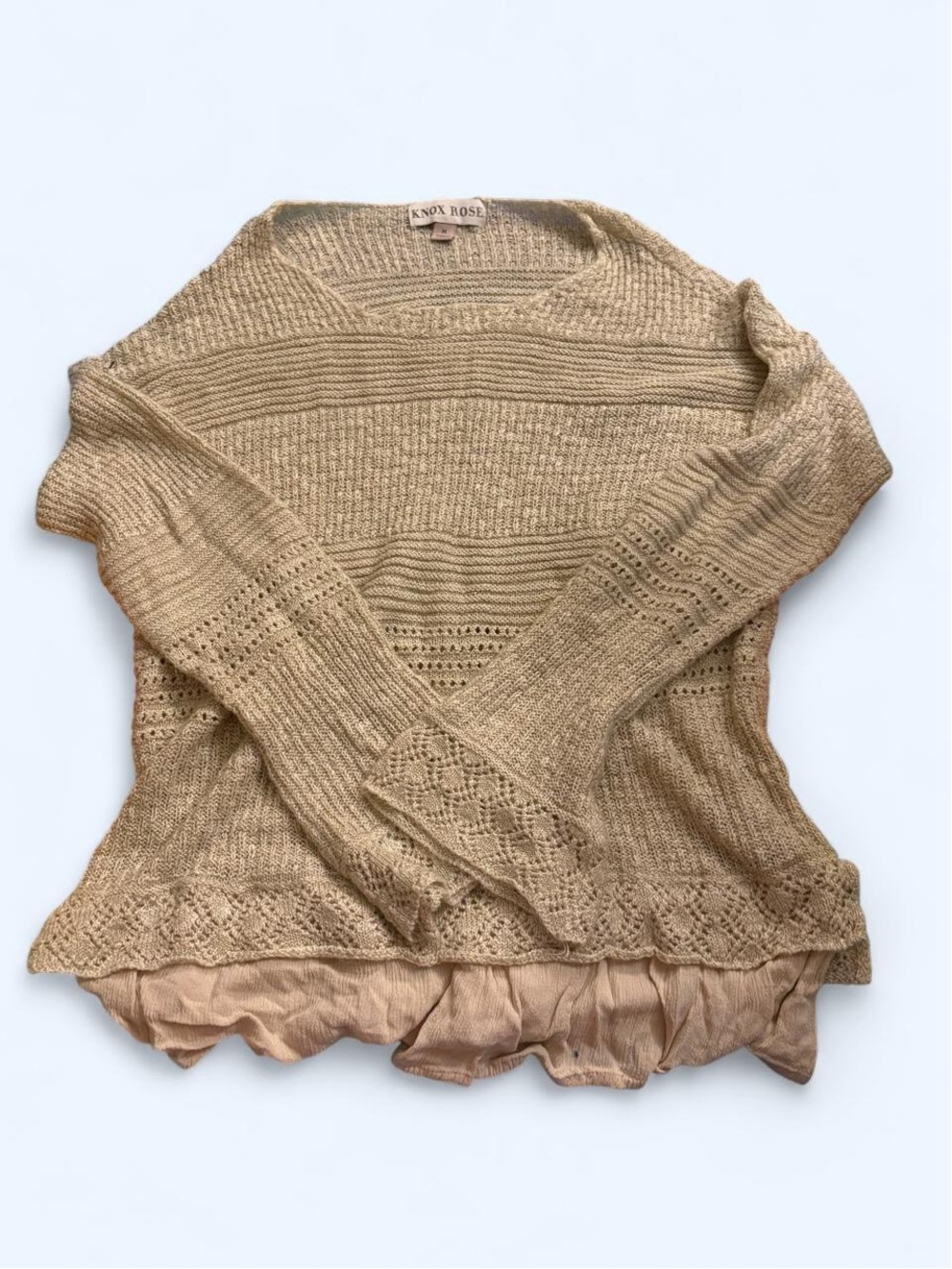 Knox Rose Tan-Cream Knit Sweater with Ruffled Hem